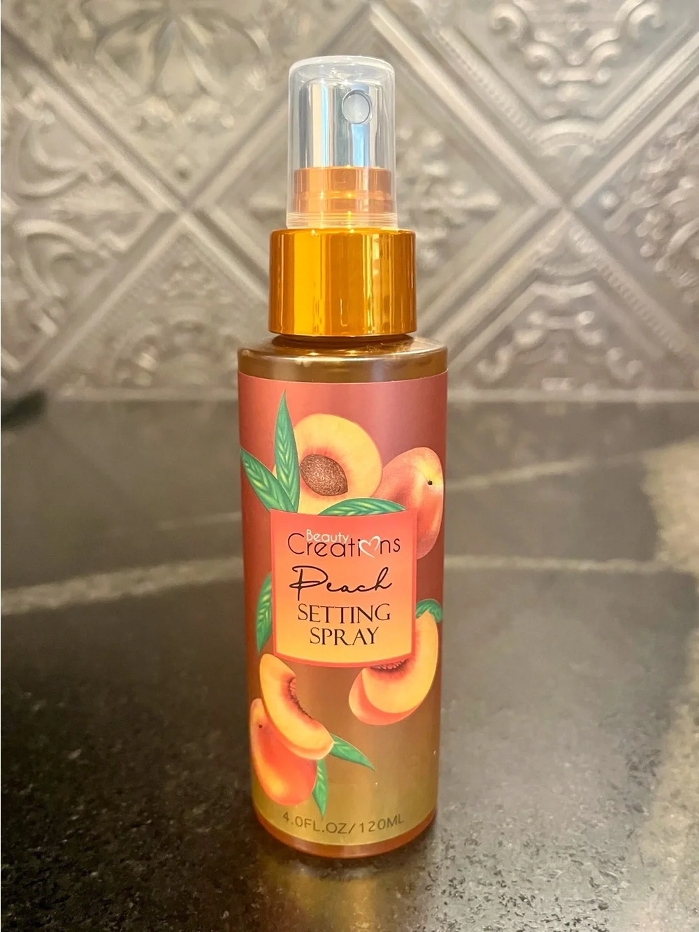 Beauty Creations Peach Setting Spray — Peach & Gold Bottle Accent